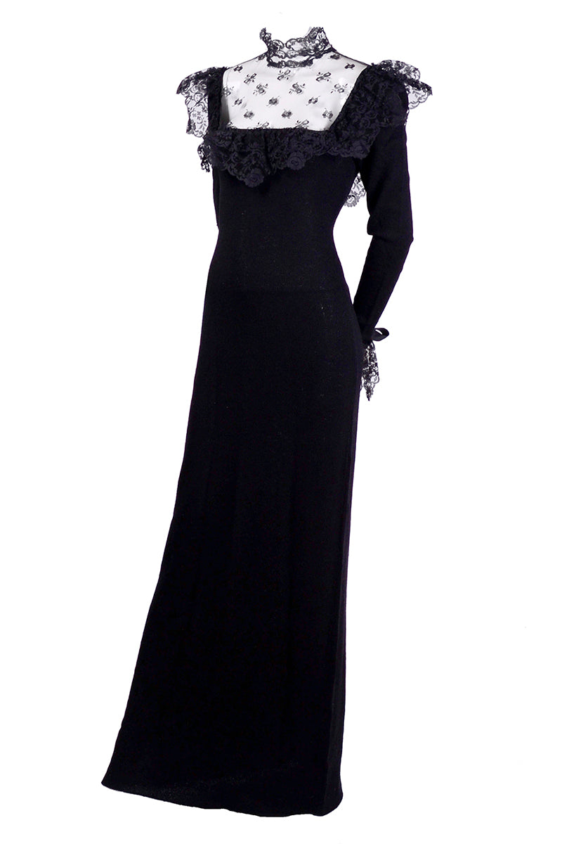 1970s Adolfo Vintage Long Black Edwardian Dress Rose Lace & High Neck Modig 1970s Adolfo Vintage Long Black Edwardian Dress Rose Lace & High Neck Modig
