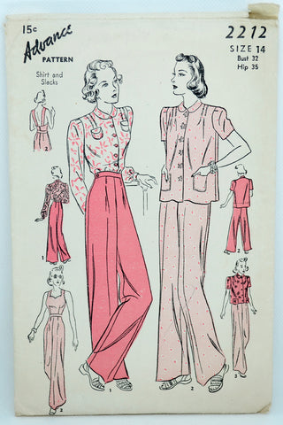 1940s Advance 2212 High Waist Pants & Blouse Top Pajamas Sewing Pattern