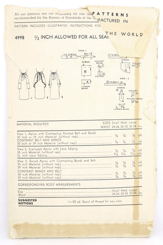 1948 Advance 4998 Vintage Apron Sewing Pattern 3 Style Options