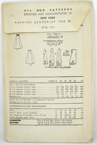 1948 Advance 5033 Vintage Skirt & Cummerbund Sewing Pattern 1940s