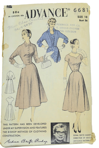 1950s Bishop Method Vintage 1954 Advance 6681 Dress & Jacket Sewing Pattern