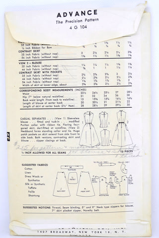 Advance 7060 Vintage 1955 Blouse & Skirt Sewing Pattern 1950s