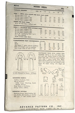 1950s Advance 8214 Vintage Dress Sewing pattern