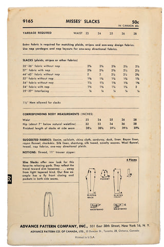 1950s Advance 9165 Vintage pants Sewing Pattern 50s