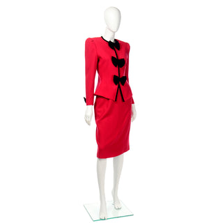 80s Deadstock Albert Nipon Vintage Red Skirt & Jacket w Black Bows Suit w Tags