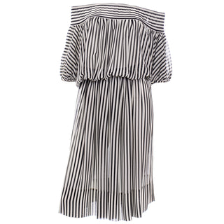 1980s Albert Nipon Black & White Stripe Silk Off Shoulder Dress