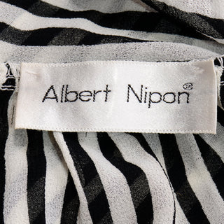 1980s Albert Nipon Black & White Stripe Silk Off Shoulder Dress