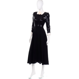 Albert Nipon Vintage Black Sequin Dress w Removable Ivory Collar & Cuffs elegant