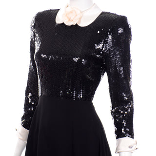 Albert Nipon Vintage Black Sequin Dress w Removable Ivory Collar & Cuffs 70s