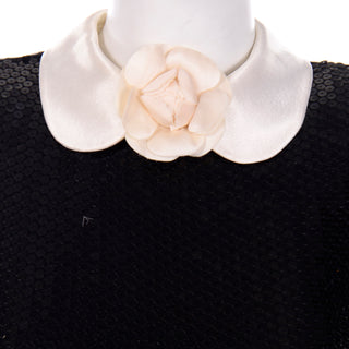 Albert Nipon Vintage Black Sequin Dress w Removable Ivory Collar & Cuffs camellia