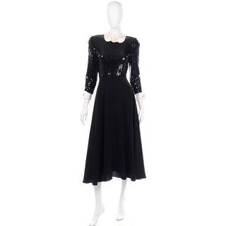 Albert Nipon Vintage Black Sequin Evening Dress w Removable Ivory Collar & Cuffs 