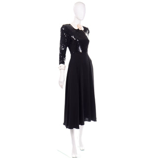 Albert Nipon Vintage Black Sequin Dress w Removable Ivory Collar & Cuffs 1970s