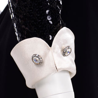 Albert Nipon Vintage Black Sequin Dress w Removable Ivory Collar & Cuffs rhinestones