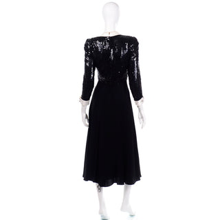 Albert Nipon Vintage Black Sequin Dress w Removable Ivory Collar & Cuffs late 1970s