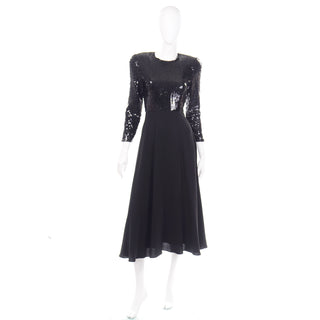 Albert Nipon Vintage Black Sequin Dress w Removable Ivory Collar & Cuffs Size 6