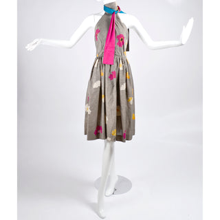 1970s Albert Nipon Vintage Halter Dress in Floral Linen Blend - Dressing Vintage