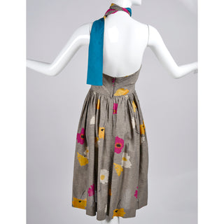 1970s Albert Nipon Vintage Halter Dress in Floral Linen Blend - Dressing Vintage