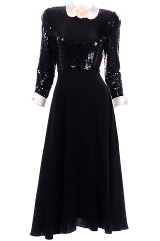 Albert Nipon Vintage Black Sequin Dress w Removable Ivory Collar & Cuffs