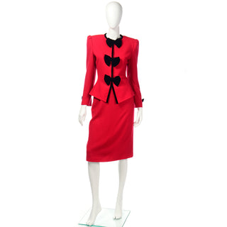 Deadstock Albert Nipon Vintage Red Skirt & Jacket w Black Bows Suit 