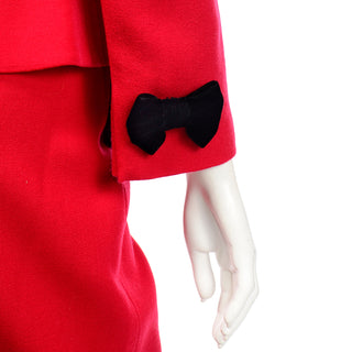 1980s Deadstock Albert Nipon Vintage Red Skirt & Jacket w Black Velvet Bows Suit w Tags 
