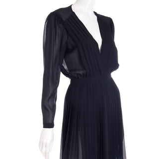 Low V Neck 1970s Albert Nipon Sheer Black Vintage Day or Evening Dress