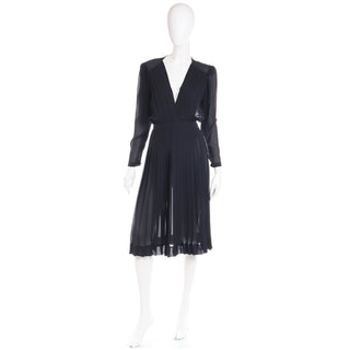 1970s Albert Nipon Sheer Black Vintage Day or Evening Dress Pleated Skirt