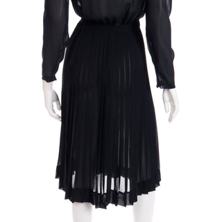 1970s Albert Nipon Sheer Black Vintage Day or Evening Dress with low V Neck