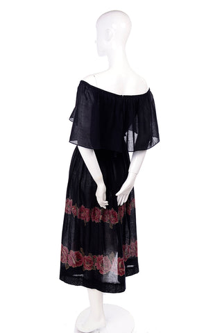 Albert Nipon 1970s Vintage Black Semi Sheer Voile Peasant Dress
