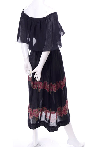 Albert Nipon 1970s Vintage Black Voile Peasant Dress off shoulder