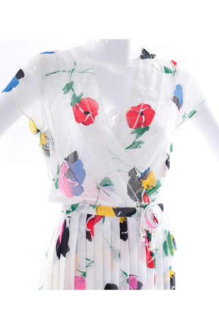 Albert Nipon Semi Sheer White Colorful Floral Print 1970s Vintage Dress faux wrap