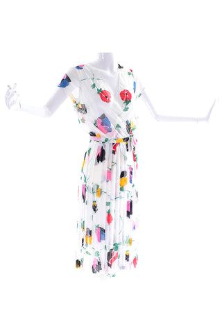Albert Nipon Semi Sheer White Colorful Floral Print 1970s Vintage Dress Wrap