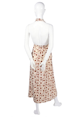 70s Albert Nipon Designer Abstract Brown Cream Print Silk Halter Dress W Jacket