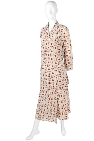 1970s Albert Nipon Abstract Brown Cream Print Silk Halter Dress W Coat