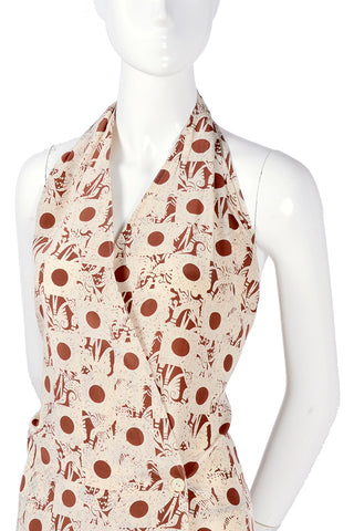1970s Albert Nipon Abstract Brown Cream Dot Print Silk Halter Dress W Jacket