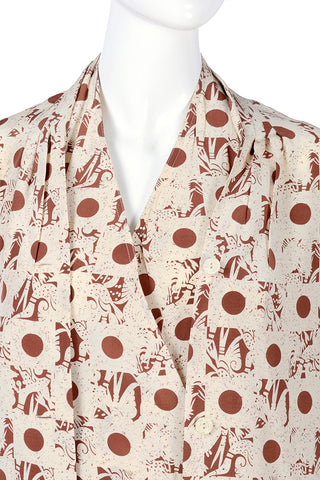 1970s Albert Nipon Abstract Brown Cream Dot Print Silk Halter Dress W Jacket