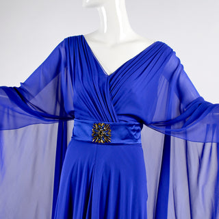 Alberta Ferretti blue silk chiffon designer gown with cape