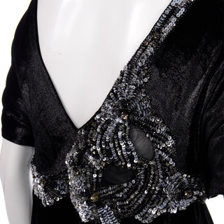 Alberta Ferretti Beaded Sequins Black Velvet Evening Dress Sheer mesh detail