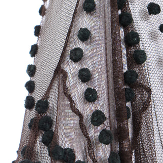 2000s Alberta Ferretti Chocolate Brown Silk Net Dress w Teal Pom Poms Italy