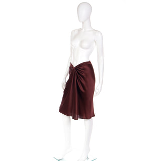 2000s Alberta Ferretti Brown Silk Skirt w/ Gathered & Draped Front