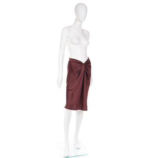 2000s Alberta Ferretti Brown Silk Skirt w/ Gathered Front