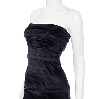 2000s Alberta Ferretti Black Satin Strapless Evening Dress Ruched