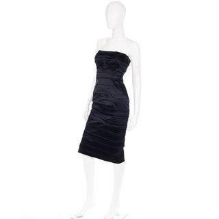 2000s Alberta Ferretti Black Satin Strapless Evening Dress Small