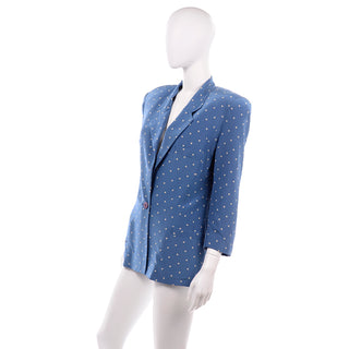 1980s Longline Blazer Jacket in Blue with white polka dots size small