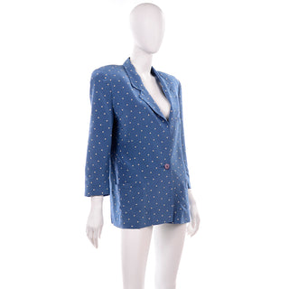 Women's Vintage Silk Blue Blazer with Polka Dots