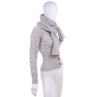 Alexander McQueen Gray Wool Cable Knit Sweater w Attached Scarf