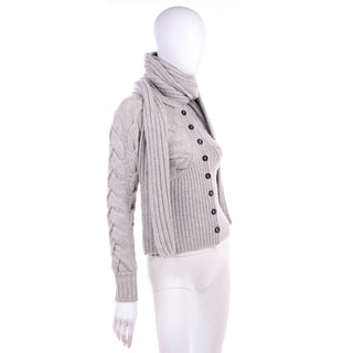 Alexander McQueen Gray Wool Cable Knit Sweater w Attached Scarf