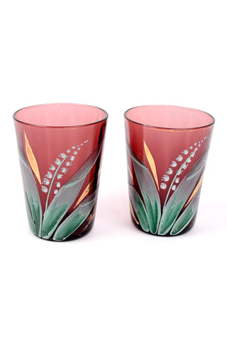Victorian Hand Painted Lily Of The Valley Amethyst Glass Tumblers, Set of 2