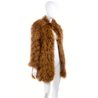 1970s Andre Laug Toffee Brown Marabou Feather Open Front Coat