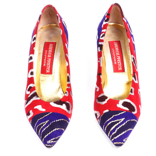 1980s Andrea Pfister Red Blue & Gold Abstract Leopard Print Shoes with box and bag