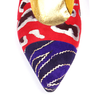 1980s Andrea Pfister Red Blue Silver & Gold Abstract Leopard Print Shoes